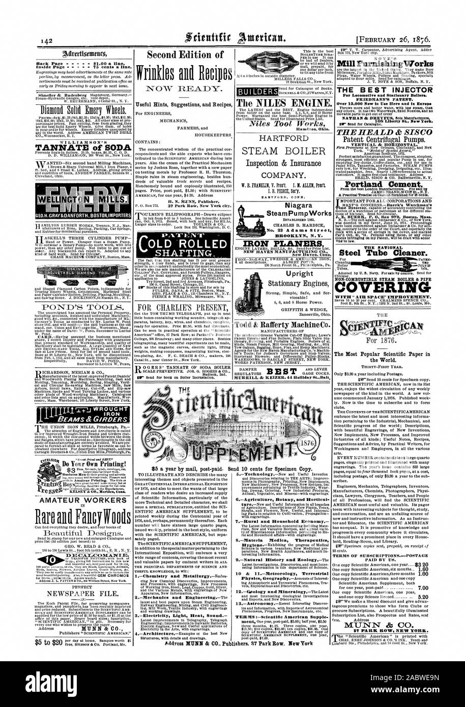 Laminati di scopare. WILLIAMSON'S TANNATE DI SODA GEO.H.CRAY&DANFORTH BATTUTO BOSTONIMPORTERS fare il vostro proprio stampa! Lavoratori amatoriali e CAI00un io e il vapore pu m pWorks CHARLES B. HARDICK n. 23 Adams Street BROOKLYN N.Y. Ferro pialle New Haven Manufacturing Co. NON combustibili di caldaia a vapore e tubo OVERING CON L ' ARIA LO SPAZIO " miglioramento. Todd & Rafferty Machine Co., Scientific American, 1876-02-26 Foto Stock