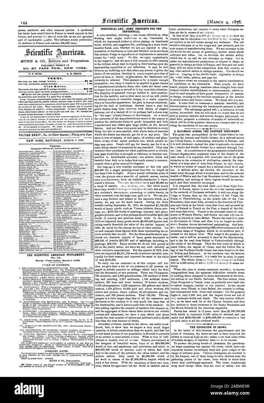N° 87 PARK ROW. NEW YORK. TERRIS. Il Scientific American supplement. Per la settimana che termina il 4 marzo 1870. Tabella dei contenuti. Tariffe combinato. Arte industriale.alcuni pensieri per il centenario. Una ferrovia attraverso il continente orientale. L educazione dei Corvi., 1876-03-04 Foto Stock