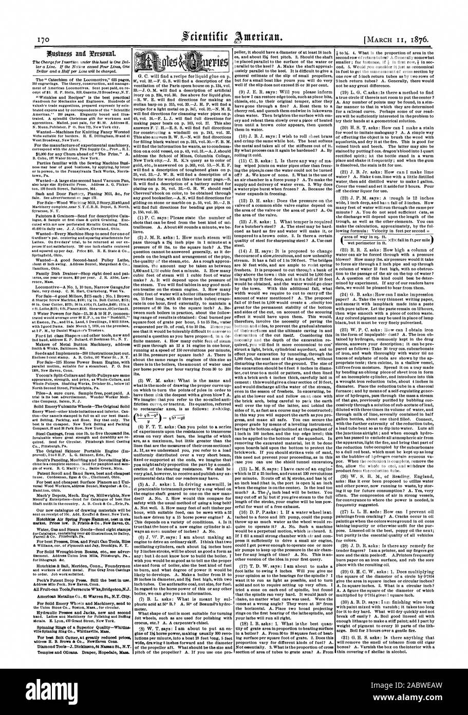 Hotchkim molla ad aria Forge martello migliore nel mercato di me. I prezzi bassi. D. friabili & Co . New Haven. Ct. 6. Frutta-può ToolsFerracute W'ksBridgetonN.J. American Metaline Co. 61 Warren San N.Y. Città. Per una solida mole smeriglio e macchinari inviare t presse idrauliche e i martinetti nuove e di secondo Anelli di filatura di un Superiore Quality-Winans. Per battere il bullone coltello a prezzi notevolmente ridotti di utensili diamantati-J. Dickinson 64 Nassau St. N.Y. Templi e Oilcans. Draper Hopedale Maas. G. C. potrà trovare una ricetta per la colla liquida su p. more di 134 cavalli di solito facendo 300 revo disegno largo 8 pollici in avanti e il diametro Foto Stock
