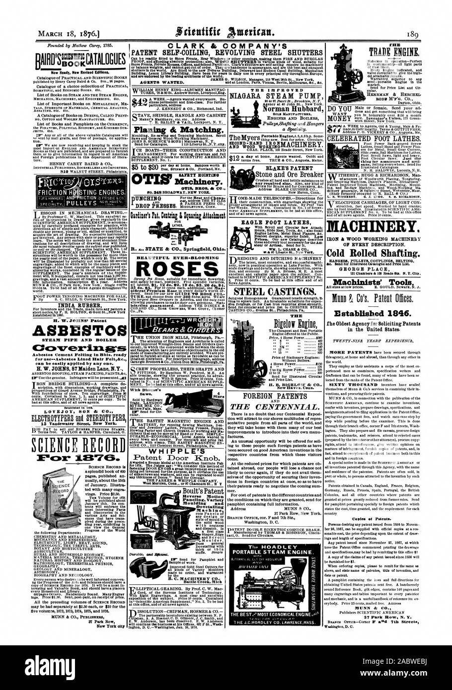 Per l'uso-amianto foderato capelli FeltOcc. può essere facilmente applicato da uno. H. W. JOHNS 87 Maiden Lane N.Y. Figlio LOVEJOY dc CO. Vatulewater Street a New York. La scienza registra Fox 1337G. Stabilito 1846. fhe più antica Agenzia per sollecitare i brevetti negli Stati Uniti. Conies dei brevetti. MUNN a CO. Motore di commercio. HERRMAN & BERCI:LE& desidera che cosa per dilettanti e arti WHIPPLE di getti di acciaio. BLAKE BREVETTO DEL LIBRO DI MACCHINARI. Ferro e legno macchinari di lavoro di ogni descrizione. Laminati a Freddo di scopare. Staffe giunti pulegge CINTURAZIONE GEORGE luogo macchinisti' Strumenti, Scientific American, 1876-03-18 Foto Stock