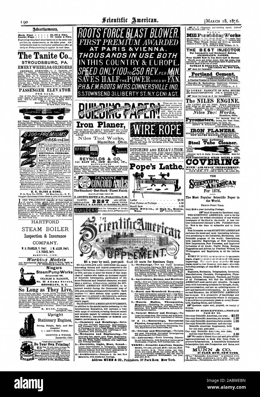 $1.00 una linea. Il Tanite Co. STROUDSBURG PA. Mole smeriglio& macine di ascensore per passeggeri in vendita. COB ho 4D CENTENNIAL PREMI. Pringle. Ibridato Potat B. K. BLISS & SONS HARTFORD la caldaia a vapore di ispezione e compagnia di assicurazione. ITFOBD CONN. I modelli di lavoro Niagara PumpWorks vapore n. 23 Adam Street BROOKLYN N. Y. così a lungo come vivono inviare dieci centesimi per esemplare. Medica Therapeutics 9.-Storia Naturale e zoologia.-La geografia fisica.-Accountsolinterest 12.-Geologia e Mineralogia.-l'ultimo indirizzo MURK & CO. Gli editori 37 Park Row. Kew York. La Reynolds & CO. 145 EAST ST. NEW HAVEN CT. NOYE'S Foto Stock