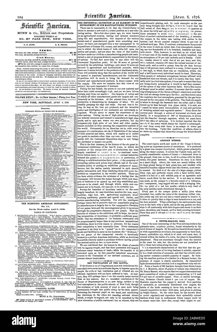 N 87 PARK ROW. NEW YORK. Il Scientific American supplement. No. 15. Il Centennial esposizione come un elemento per lo sviluppo dei nostri interessi di fabbricazione cattiva ventilazione al Capitol africana di gomma. Un rame-uccello del cuscinetto., 1876-04-08 Foto Stock