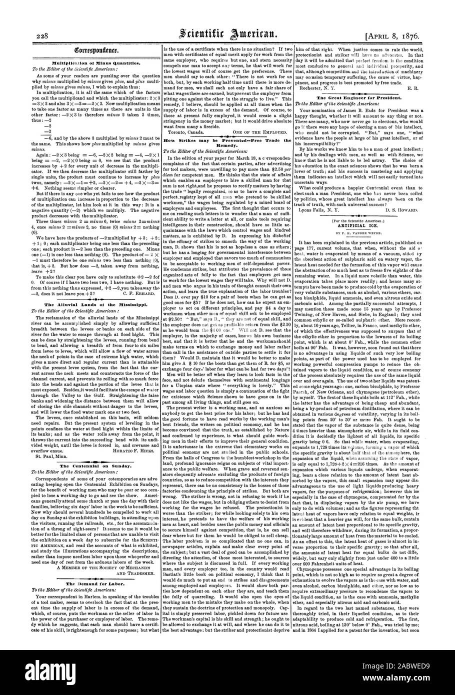 Moltiplicazione di meno la quantità. I terreni alluvionali ol il Mississippi. Il centenario di domenica. La domanda di manodopera. Annuncio l come scioperi possono essere Preventwd-libero commercio il rimedio. Il grande ingegnere per il presidente. Ghiaccio artificiale., Scientific American, 1876-04-08 Foto Stock