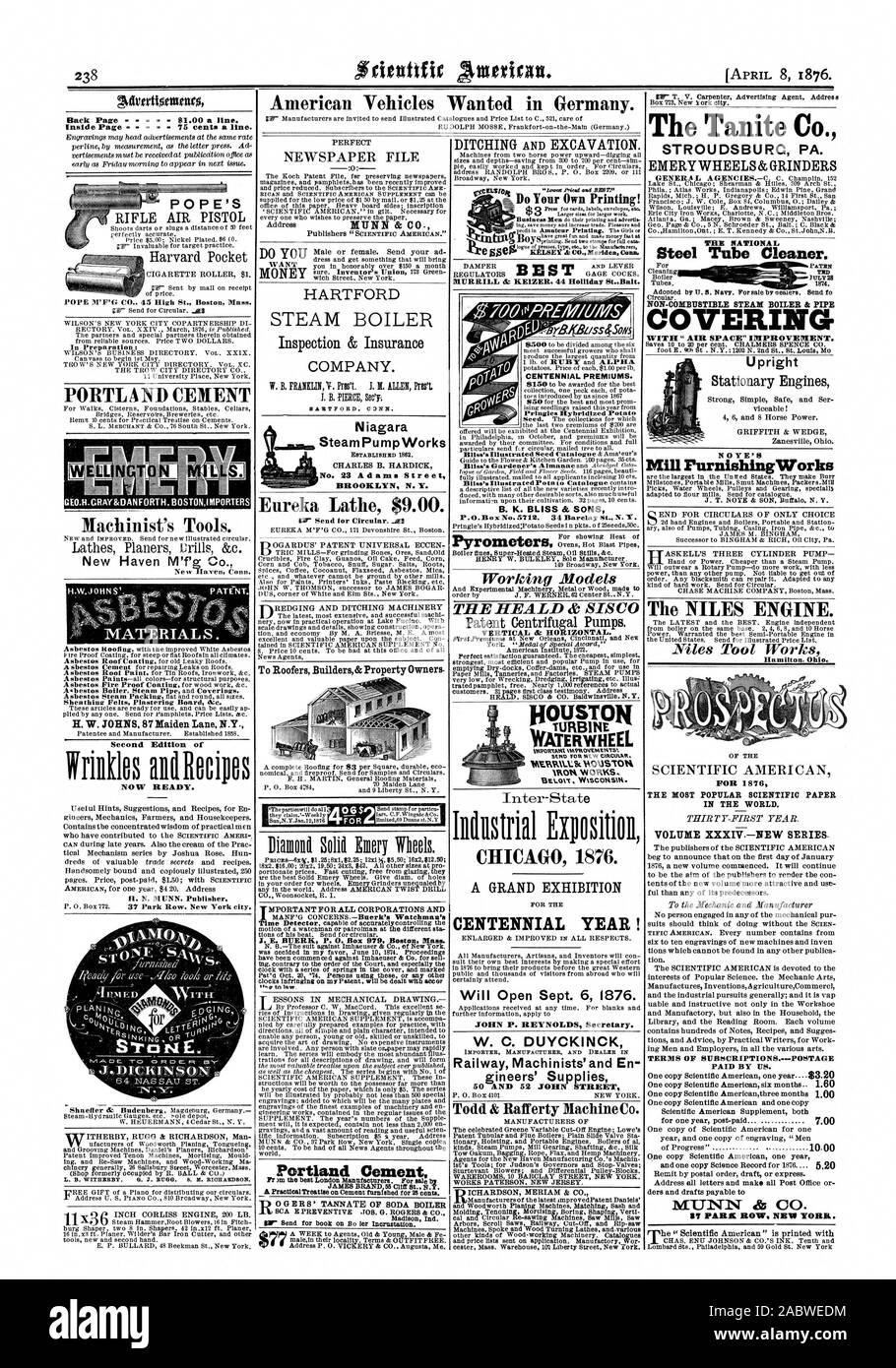 Veicoli americano voleva in Germania. Il cemento Portland SteamPumpWorks tornio Eureka $9.00. Per carpentieri mastri costruttori& ai proprietari di proprietà. Il cemento Portland. Fare il vostro proprio stampa! Miglior MURRILL & KEIZER. 44 Holiday StBa t. Il Centennial premi. B. K. BLISS & figli modelli di lavoro la IIEALD & SISC verticali e orizzontali. %EMMA'. Sc Houston. ARON opere SzLovc WIscottsM. CHICAG 1876. Anno Centenario! Si apre Sett. 6 1876. W. C. DUYCKINCK Il Tanite Co. STROUDSBURG PA. Mole smeriglio & GRINDERS NON COMBUSTIBILE CALDAIA STEADS & copertura del tubo montante macchinista's Tools. H. W. JOHNS 87 Maiden Lane N.Y. Seconda edizione del Foto Stock