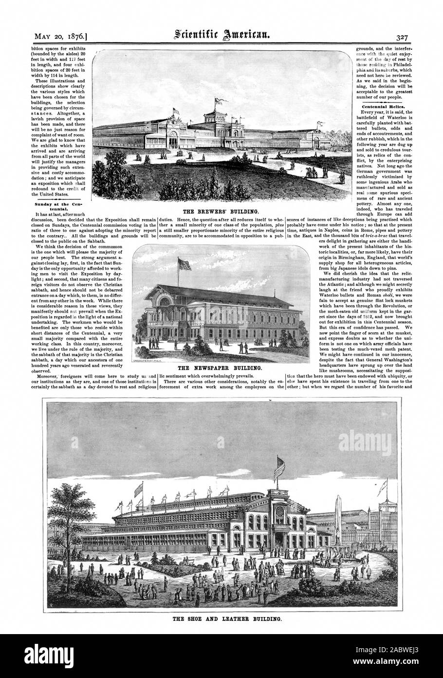 Tennial. Il Brewers' edificio. Il giornale edificio. Il Centennial si basa. La calzatura in pelle e costruzione. Esso; Mai mg Iran, Scientific American, 1876-05-20 Foto Stock