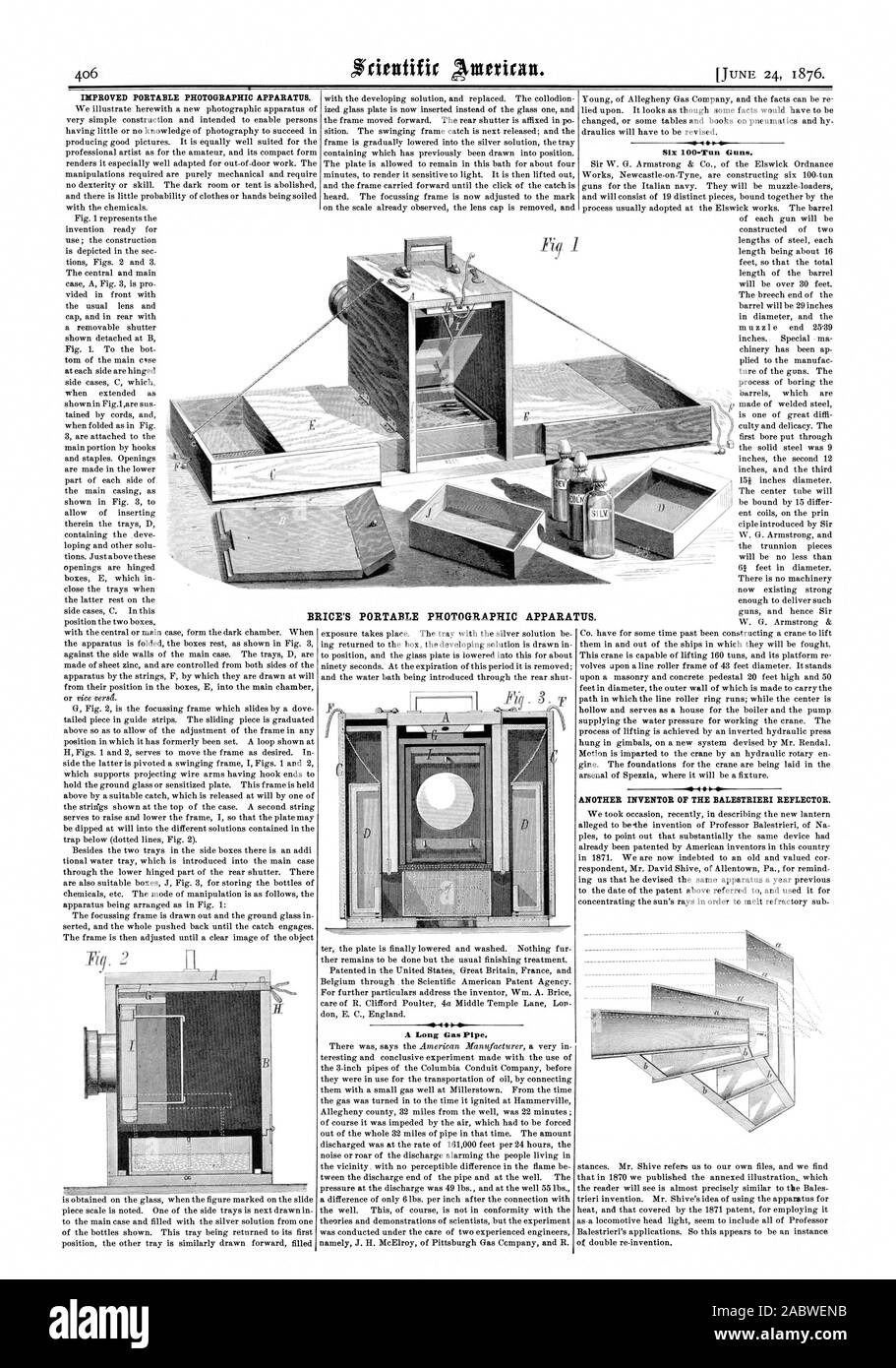 Portatile perfezionato apparecchio fotografico. FM EP HIVOCIPS -0 una lunga tubazione di gas. Un altro inventore dei balestrieri di riflettore. BRICE portatile apparato fotografico., Scientific American, 1876-06-24 Foto Stock
