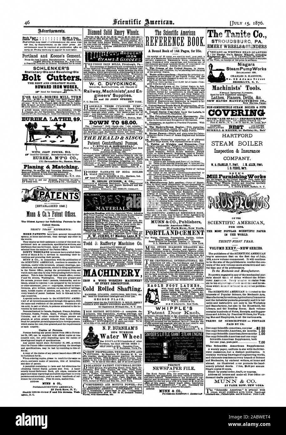 H. "W. JOHNS 87 Maiden LaneN.Y. Todd & Rafferty Machine Co. Macchina ferro e legno macchinari di lavoro di ogni descrizione. Laminati a Freddo di scopare. N. F. BURNHAM'S 1874 turbina ruota di acqua funziona con dimensioni ecc. Il Tanite Co. STROUDSBURG PA. Mole smeriglio& GRINDERS Niagara PumpWorks vapore n. 23 Adams Street BROOKLYN N. Y. macchinisti di strumenti". Piallatrici torni Trapani &c. NEW HAVEN Manufacturing Co. New Haven, Connecticut. NON combustibili di caldaia a vapore e copertura del tubo di Hartford la caldaia a vapore di ispezione e compagnia di assicurazione. N 0 Y E S' per 1876 più popolari carta scientifici nel mondo. VOLUME XXXVNEW Foto Stock