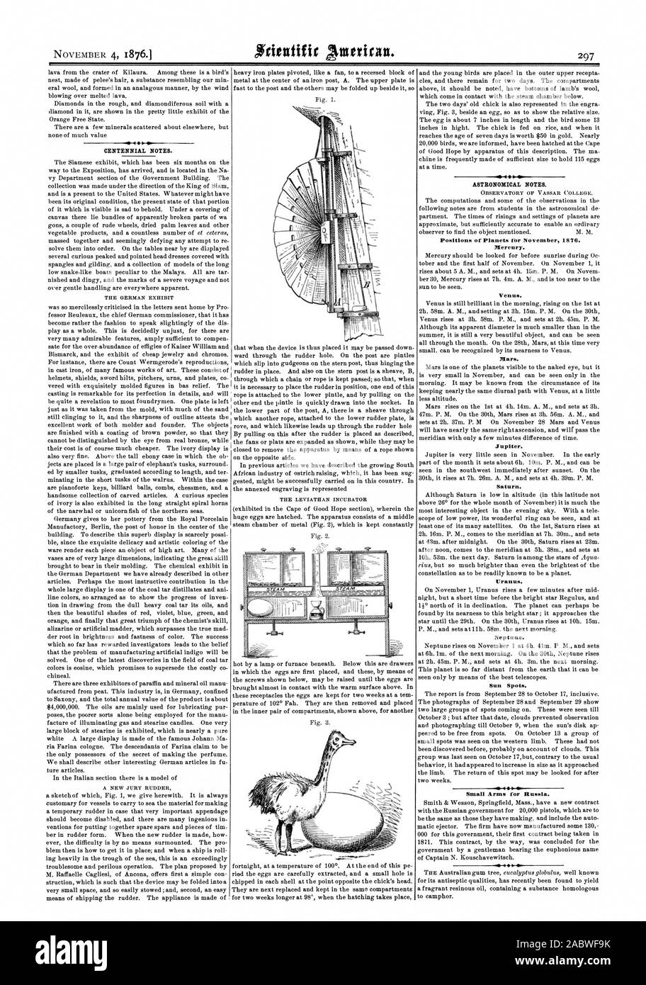 Posizioni dei pianeti t'o di novembre 1876. Mercurio. Venere. Marte. Giove. Saturno. Urano. Nettuno. Le macchie solari. Armi di piccolo calibro per la Russia, Scientific American, 1876-11-04 Foto Stock