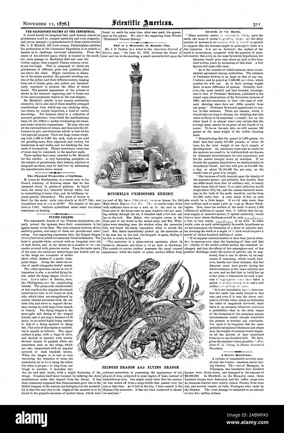 La mola colonna in corrispondenza del centenario. Le proprietà fisiche di gallio. FLYING lucertole. Caduta di un meteorite in Kansas City. La crescita della terra. 44 dall'uragano. Colonna TOSCANA ORINOSTONES MITCHELL'S mola presentano. Orlata DRAGON E FLYING DRAGON., Scientific American, 1876-11-11 Foto Stock