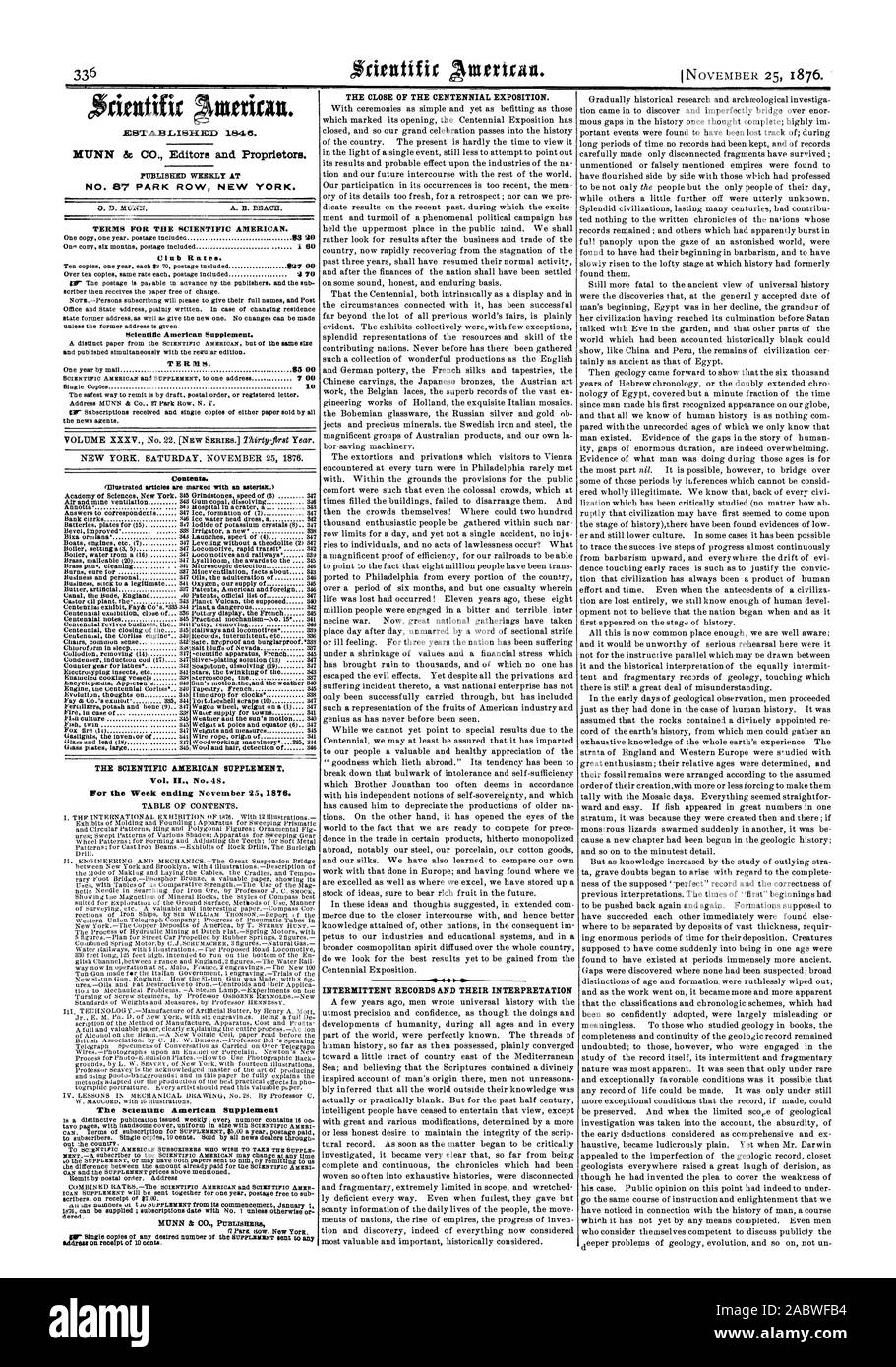 Settimanale pubblicata al No. 87 PARK ROW NEW YORK. Termini per la Scientific American. Tariffe club. Scientific American Supplement. Termini. Contenuto. (Illustrato gli articoli sono contrassegnati con un asterisco.) Il Scientific American supplement. Il scientine American supplemento indirizzo sulla ricezione di 10 centesimi. La chiusura del centenario esposizione. 0 ID RECORD INTERMITTENTE E LA LORO INTERPRETAZIONE rientifir intim, 1876-11-25 Foto Stock