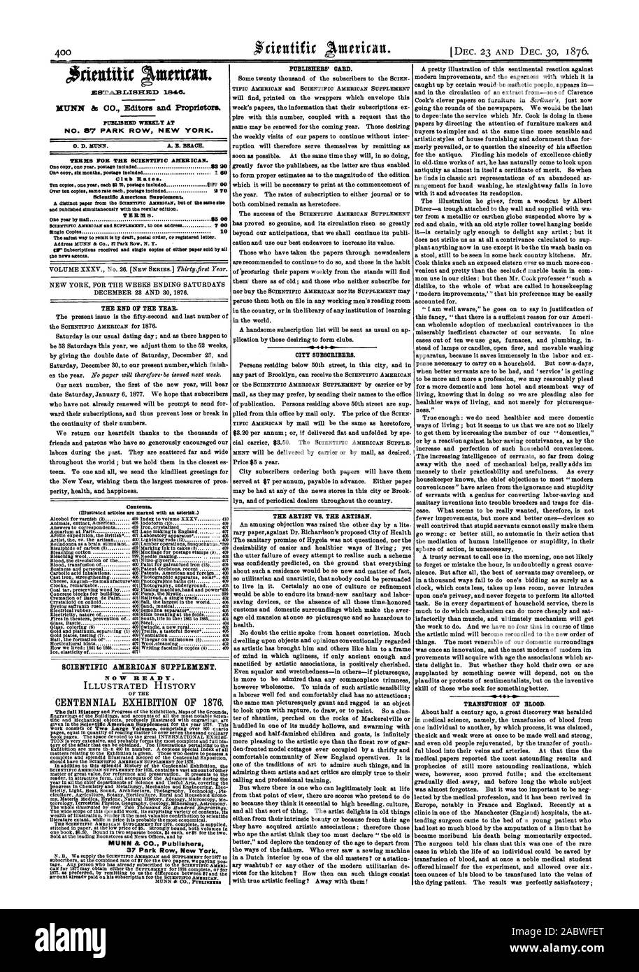 Storia illustrata CENTENNIAL EXHIBITION DI 1876. 37 Park Row New York. Degli EDITORI CARD. Gli abbonati di città. L'ARTISTA VS. L'ARTIGIANO., Scientific American, 1876-12-23 Foto Stock