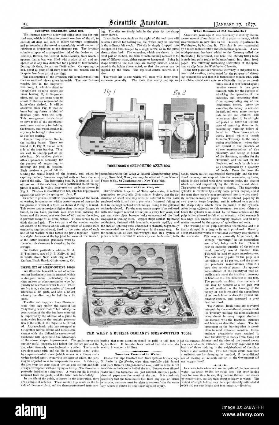 La corrosione del foglio zinco ecc. I pomodori conservati in acqua. Che cosa diventa di vecchi Greenbacks ? La Wiley & Russell società vite-utensili di taglio., Scientific American, 1877-01-27 Foto Stock