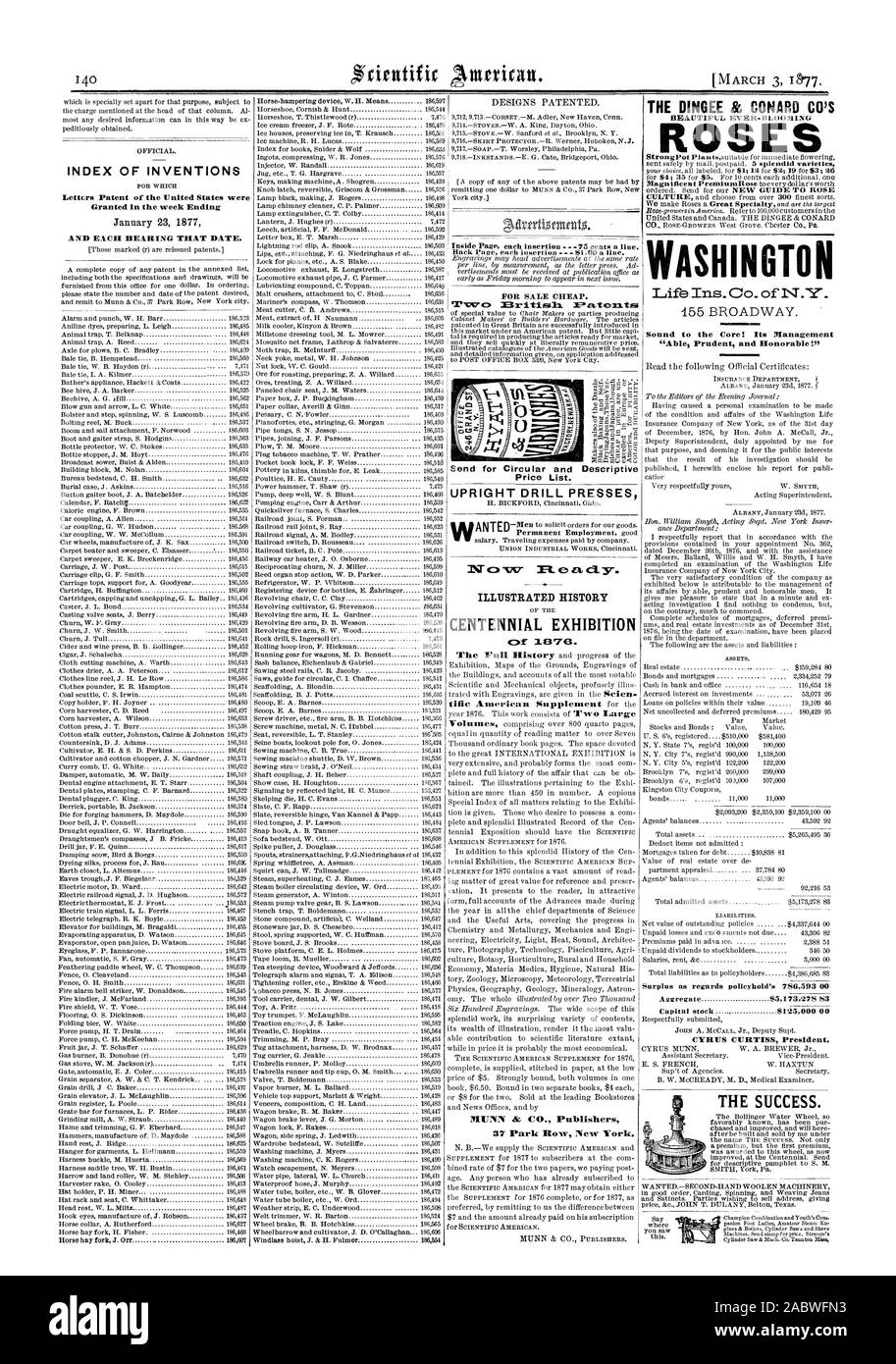 Indice delle invenzioni Lettcrs Brevetto degli Stati Uniti sono stati concessi per la settimana che termina il 23 gennaio 1877 all'interno di ciascuna pagina di inserimento 13 centesimi una linea. Inviare per circolare e descrittivo listino prezzi. Trapano verticale preme storia illustrata CENTENNIAL EXHIBITION MUNN a CO. Gli editori 37 Park come New York. La vita di Washington Ins. Co. di N.Y. Il suono al Core ! La sua gestione 'in grado prudenti e onorevole eccedenza per quanto riguarda pollcyhold 786593 del 00 aggregare $5173278 83 dello stock di capitale . 8125000 00 Ciro CURTISS Presidente. Il DINGEE 86 CONAN CO's OSES IL SUCCESSO., Scientific American, 1877-03-03 Foto Stock