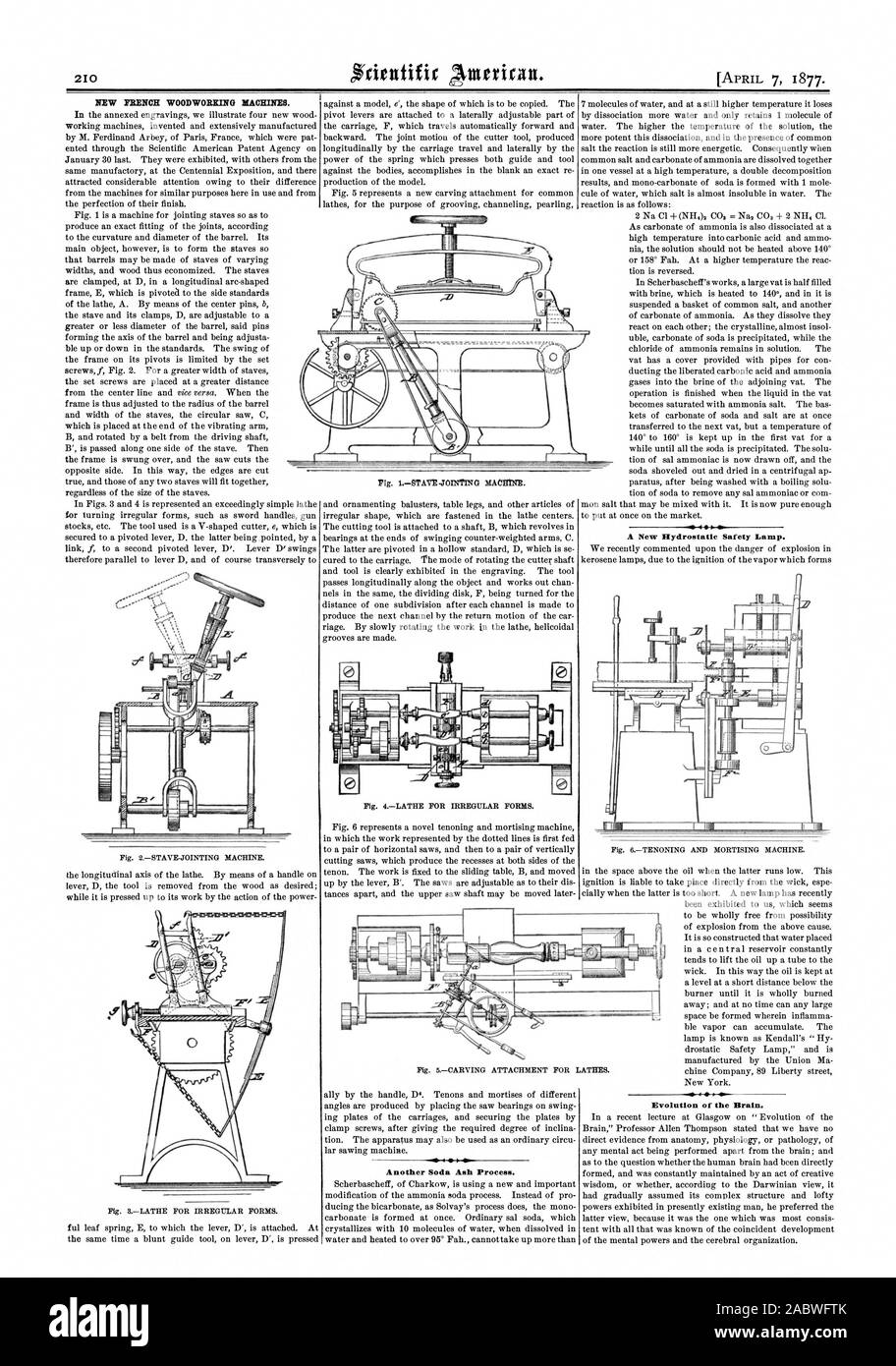 Nuovo FRANCESE DI MACCHINE PER LA LAVORAZIONE DEL LEGNO. Un altro carbonato di sodio processo. Una nuova unità idrostatica Lampada di sicurezza. Evoluzione del cervello., Scientific American, 1877-04-07 Foto Stock