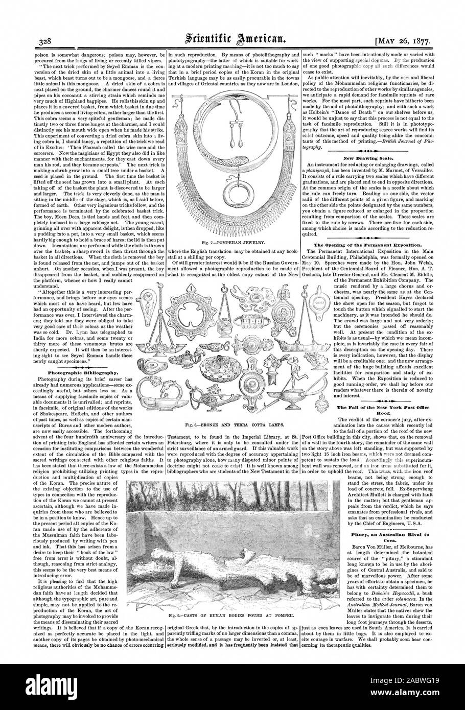 Bibliografia fotografico. seriamente modificato ed è stata spesso insistito sul fatto che il 4D nuova scala disegno. L'apertura dell'esposizione permanente. La caduta del New York Post Office tetto. Pitury un australiano rivale Coca t., Scientific American, 1877-05-26 Foto Stock