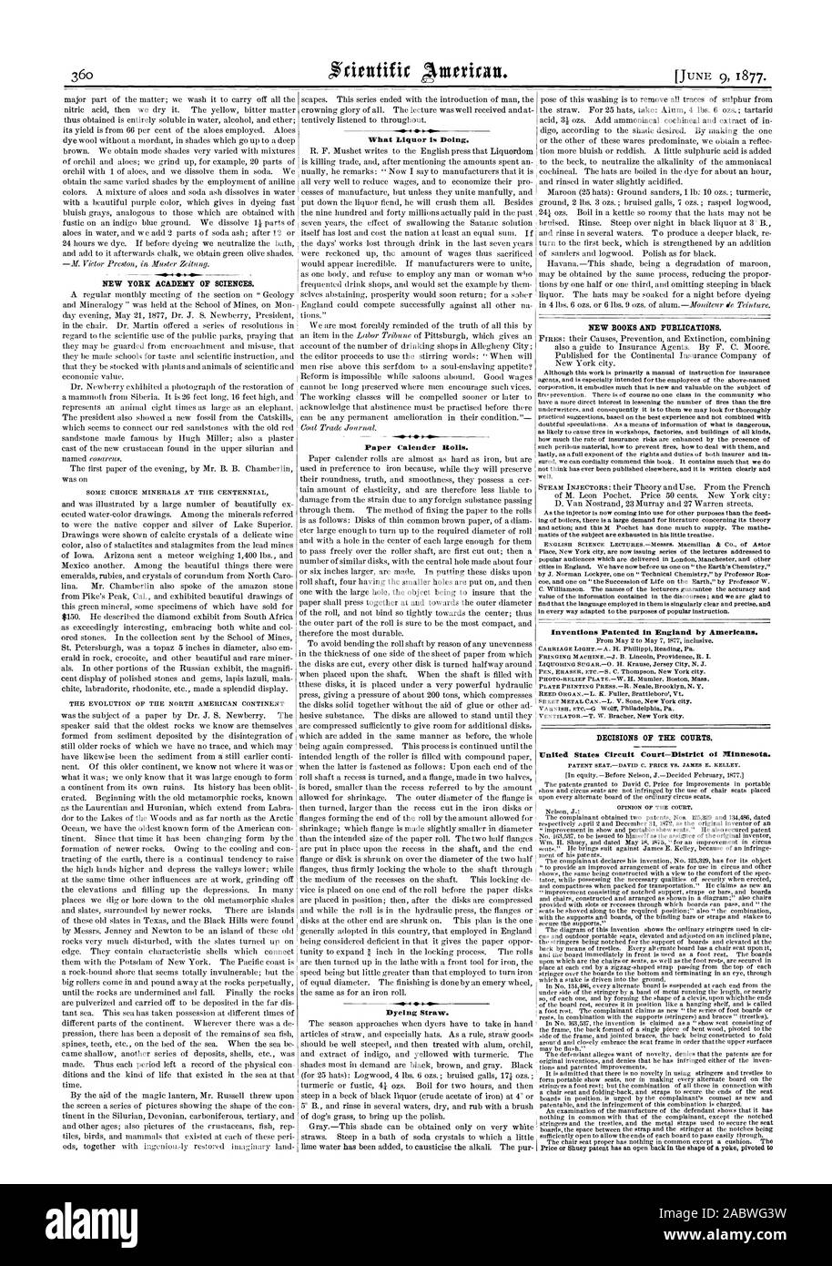 Accademia delle Scienze di New York. Cosa liquore è facendo. Carta Calen der rotoli. Tintura di paglia. Nuovi libri e pubblicazioni. Invenzioni brevettate in Inghilterra dagli americani. Le decisioni dei tribunali, Scientific American, 1877-06-09 Foto Stock