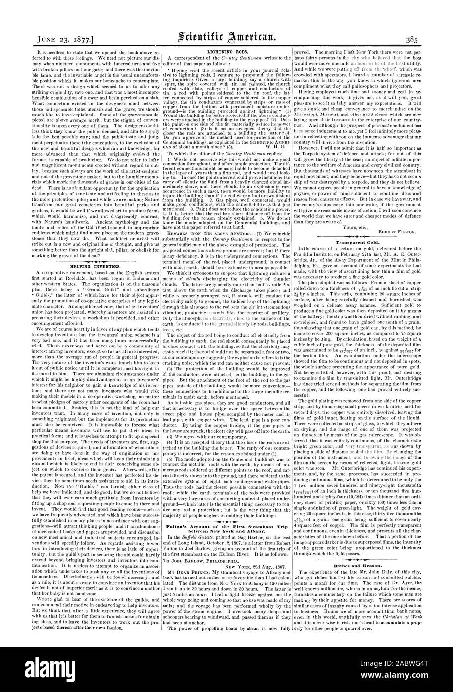 Aiutando gli inventori. Aste parafulmine. ROBERT FULTON. Oro trasparente. La ricchezza e la ragione. Fulton's conto del primo S4eamboat viaggio tra New York e Albany. JOEL BARLOW PHILADELPHIA., Scientific American, 1877-06-23 Foto Stock