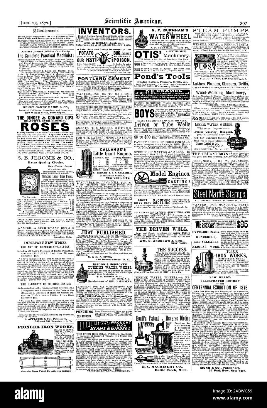 B. C. MACHINERY CO. Battle Creek Mich La YALE Iron Works storia illustrata DEL CENTENARIO MOSTRA DI 1876. MUNN & CO. Gli editori 37 Park Row New York. Qualità Extra orologi. New Haven, Connecticut. Precisione e durata garantita. Ho 1E' E NI 441VII IE R. & CO. Bost sulla messa. ROS CALLAHUE'S Little Giant motore. Stazione Morrisania NEW YORK. Città. RISDON MIGLIORATA T. II. RISDON & CO. Mt. Holly N. J. fabbricanti di macchinari del mulino. Prezzi notevolmente ridotti. NEW YORK. BU, Scientific American, 1877-06-23 Foto Stock