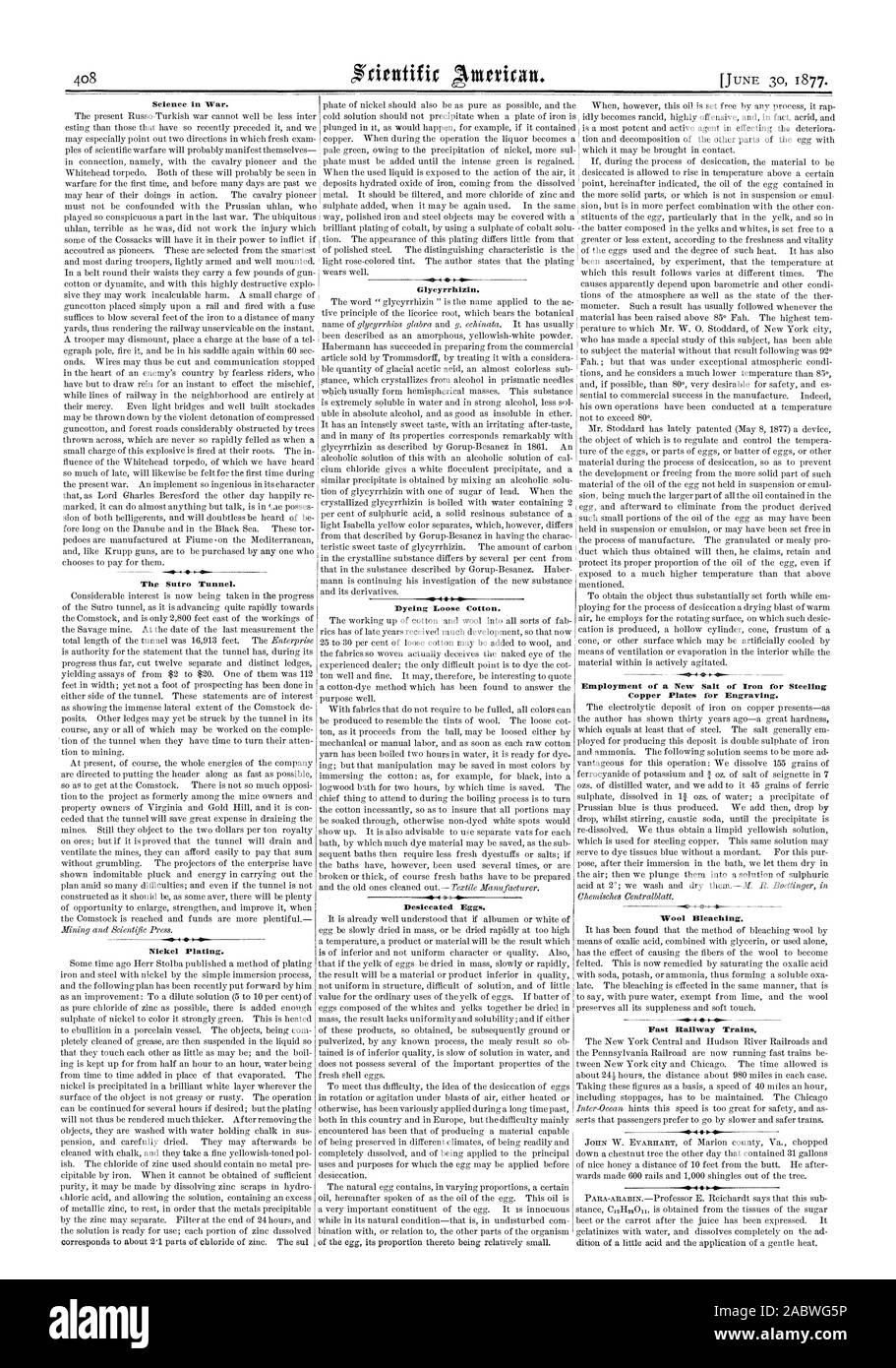 La scienza in guerra. Il Sutro Tunnel. La placcatura con nichel. Glicirizina. La tintura di cotone sciolto. Uova essiccato. L'occupazione di un nuovo sale di ferro per Steeling Piastre in rame per incisione. Sbianca lana. Fast convogli ferroviari. -41-4 P 40, Scientific American, 1877-06-30 Foto Stock