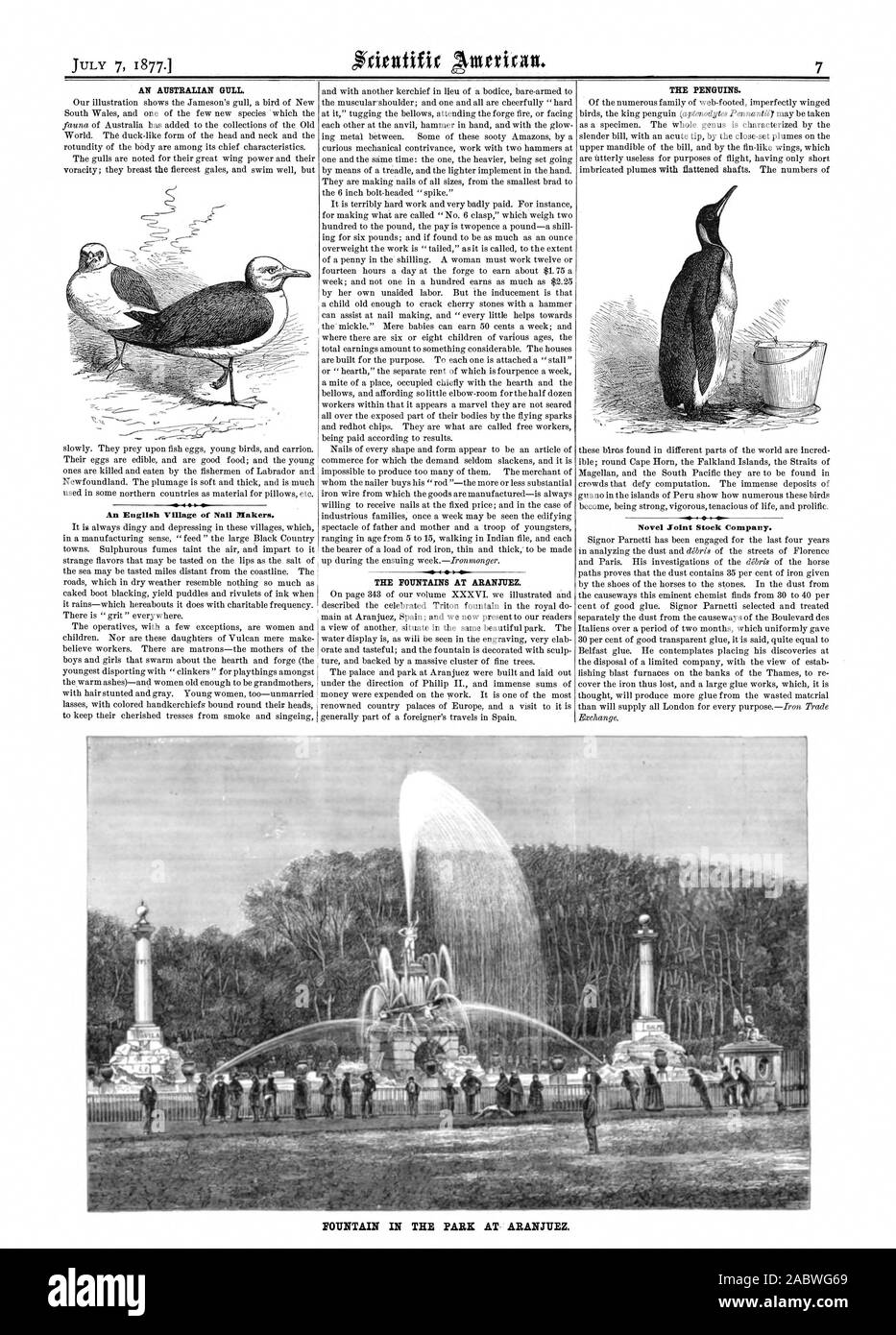 Un villaggio inglese di chiodi. Nuova Joint Stock Company. Fontana nel parco a Aranjuez., Scientific American, 1877-07-07 Foto Stock
