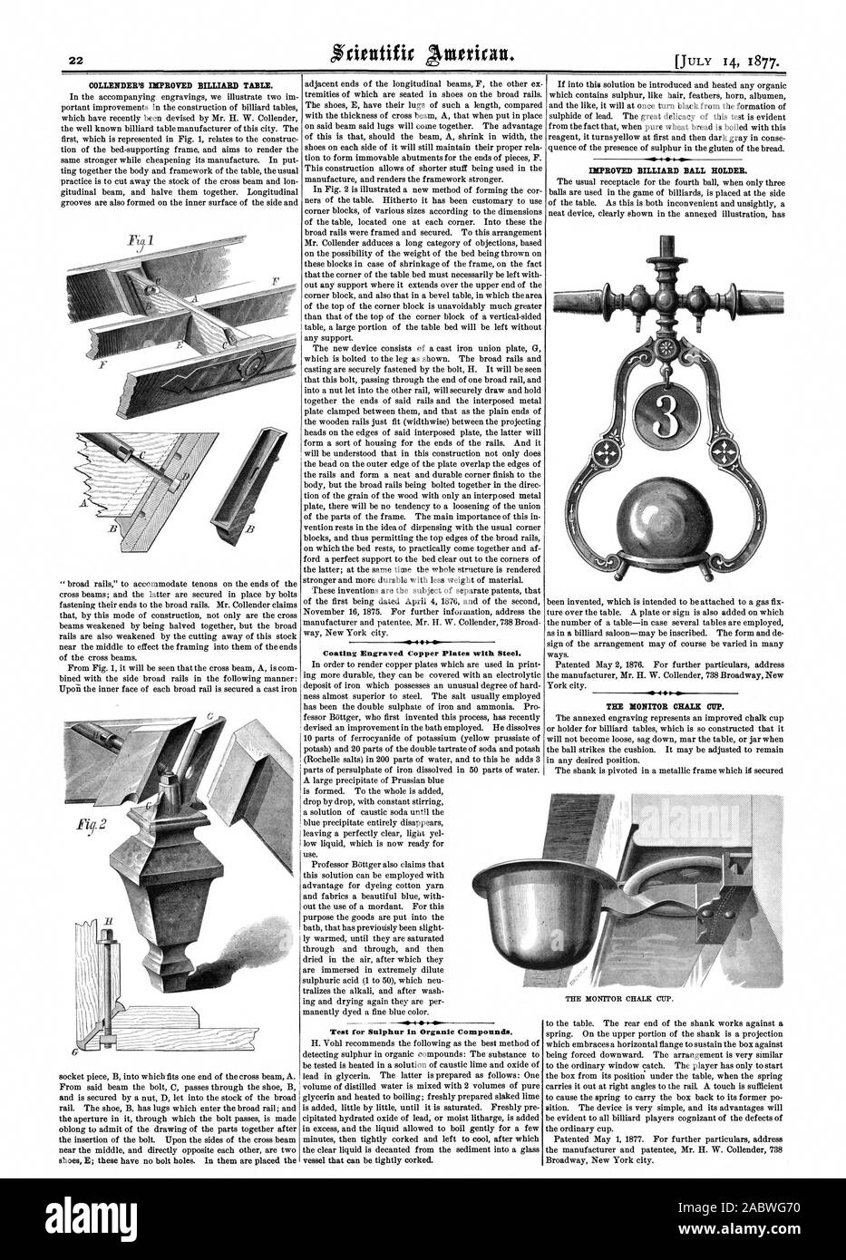 COLLENDEWS ISEE'SCORRAZZAVA BIT.TTARD TABELLA. Il rivestimento di rame incisa con piastre di acciaio. Il Test per il tenore di zolfo nei composti organici. Biliardo migliorato supporto sfera. Il MONITOR DI CHALK CUP. Il MONITOR DI CHALK CUP., Scientific American, 1877-07-14 Foto Stock