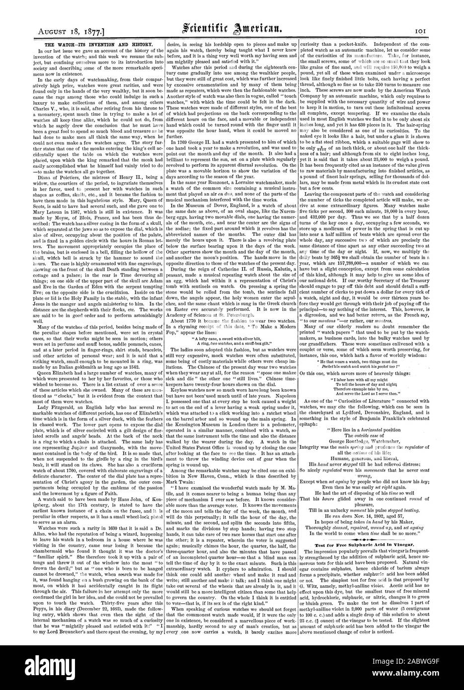 Il watch-LA SUA INVENZIONE E STORIA. f 0. Test per acido solforico libero in aceto., Scientific American, 1877-08-18 Foto Stock