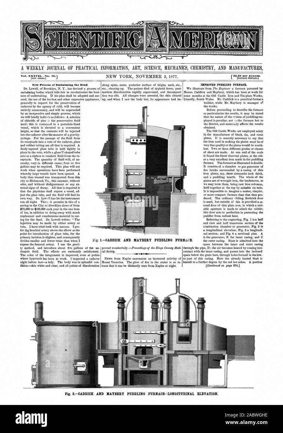 Un giornale settimanale di informazioni pratiche arte scienza meccanica e chimica produce. Vol. XXXVIINo. 18. Nuovo processo di imbalsamazione morti copertura migliorata forno. Fig. 1CADDICK E COPERTURA MAYBERY forno. Fig. 2CADDICK E COPERTURA MAYBERY forno-vista in elevazione longitudinale., Scientific American, 1877-11-03 Foto Stock