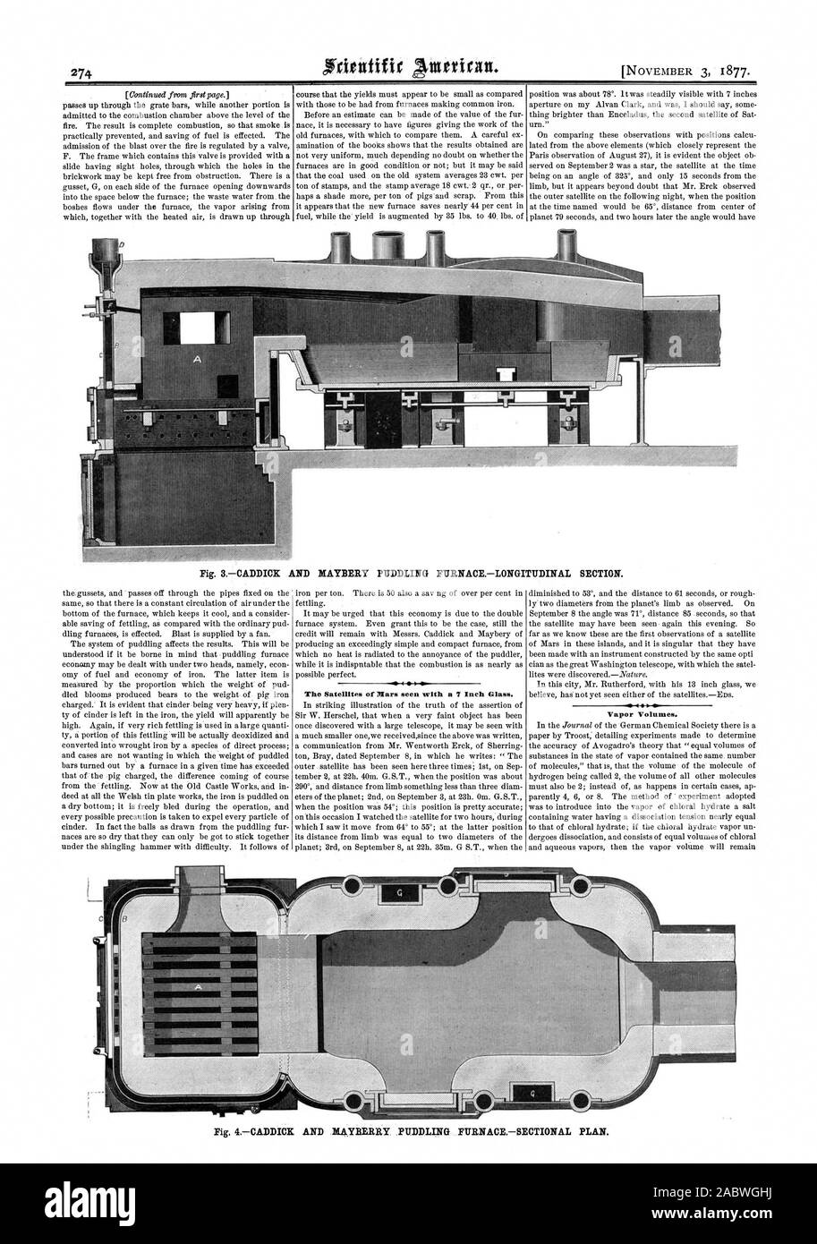 CADDICK E COPERTURA MAYBERY forno-sezione longitudinale. I satelliti di Marte visto con un 7 pollici di vetro. ea volumi di vapore. 4CADDICK E MAYBERRY COPERTURA PIANO FURNACESECTIONAL., Scientific American, 1877-11-03 Foto Stock