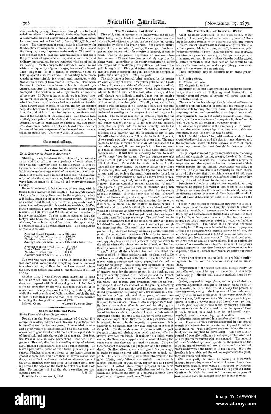 La polvere di carbone come combustibile. 0 Annullamento di inchiostri e tamponi. La fabbricazione o gioielli. La purificazione di acqua potabile., Scientific American, 1877-11-17 Foto Stock