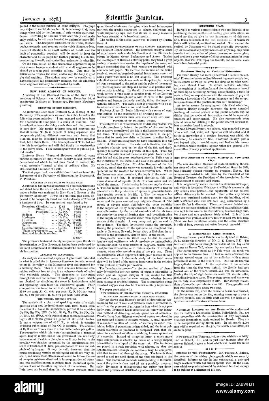 Accademia delle Scienze di New York. Vetro argentatura. Il Professor Huxley sull educazione tecnica. Il nuovo 'Museum di Storia Naturale di New York un notevole piccolo sistema di cottura a vapore., Scientific American, 1878-01-05 Foto Stock