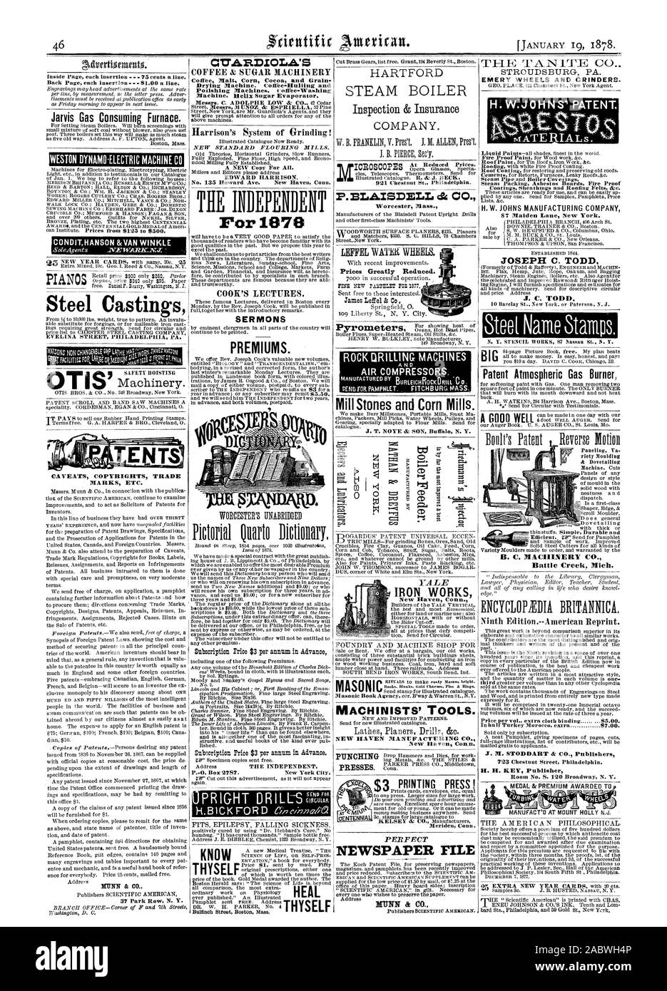 All'interno di ciascuna pagina di inserimento - 75 centesimi una linea. Torna alla pagina precedente ogni inserimento $1.00 una linea. Jarvis che consumano gas di altoforno. WESTON macchina dinamoelettrica C CONDITHANSON &VAN WINKLE pianoforti getti di acciaio OTI CAFFÈ .!lz macchinari di zucchero malto caffè cacao di mais e grano una nuova copia per tutti. EDWARD HARRISON n. 135 Howard Ave. New Haven, Connecticut. Il indipendente per 1878 COOK, con le sue lezioni. Sermoni di premi. ROCK MACCHINE LIRILLING UURLEIGHROCKDRUCC 0. Mole SMERIGLIO E CRINDERS. Stearn imballaggio schede di amianto a prova di fuoco H. W. JOHNS MANUFACTURING COMPANY 87 Maiden Lane New York. JOSEPH C. Todd J. C. TODD Brevetto Foto Stock