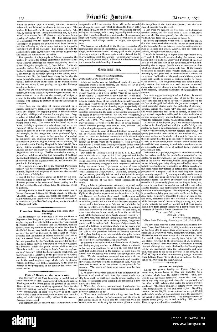 Promozione Ingegneria del vapore e il ferro di costruzione navale. Prove di metalli al Navy Yard. Il magnetismo terrestre. RICHARD OWEN e il Brevetto Statunitense No. 200000., Scientific American, 1878-03-02 Foto Stock