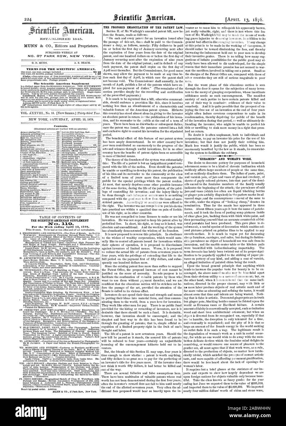 Piastrella Scientific American supplemento n. 9 la proposta di castrazione DEL DIRITTO DI BREVETTO. ' KERAMICS' e la donna di lavoro. N° 37 PARK ROW NEW YORK. Termini per TYKE Scientific American. Il Scientific American Supplement contenuto., 1878-04-13 Foto Stock