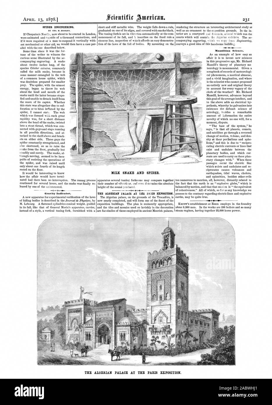 SPIDER SPIDER ENGINEERING. 4 Indicatore di gravità. Latte serpente e Spider. Il palazzo algerine all'Esposizione di Parigi. Il palazzo algerine all'Esposizione di Parigi., Scientific American, 1878-04-13 Foto Stock