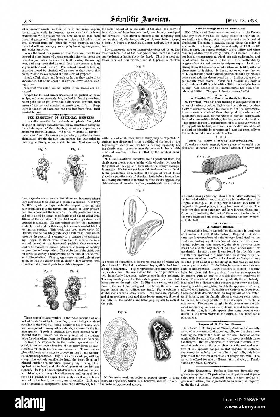 La produzione di mostri artificiale. 01. Nuove indagini su Glueinium. Una possibile nuova forza nel i raggi solari. Come fare una forte Eleetro-Magnet. Una malattia di salmone. I rulli migliorati per le travi., Scientific American, 1878-05-18 Foto Stock