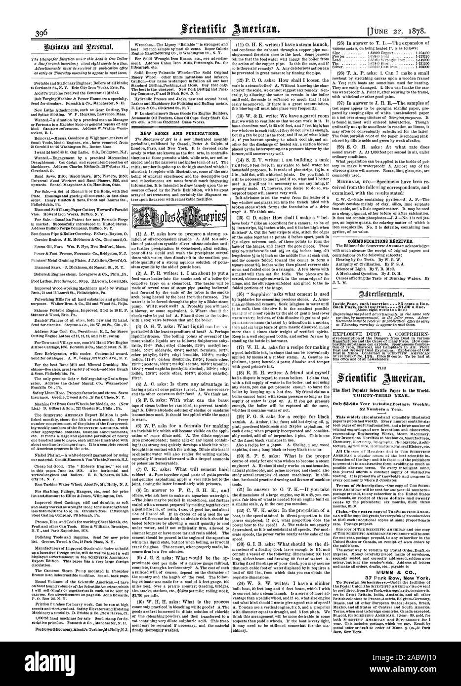 396 nuovi libri e pubblicazioni. Comunicazioni ricevute. Il più popolare carta scientifici nel mondo. MUNN è CO. 37 Park Row New York., Scientific American, 1878-06-22 Foto Stock