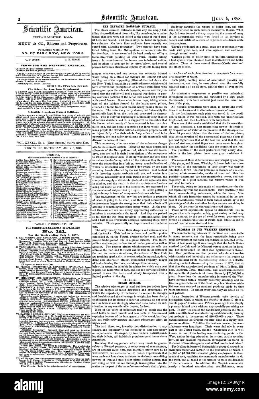 N° 37 PARK ROW NEW YORK. Termini per la Scientific American. Il Scientific American Supplement Scientific American edizione di esportazione. Contenuto. Il Scientific American SUPPLEMENT NC) 101. La ferrovia sopraelevata fastidio. Caldaie a vapore. Il progresso del nostro WESTERN INDUSTRIES., 1878-07-06 Foto Stock