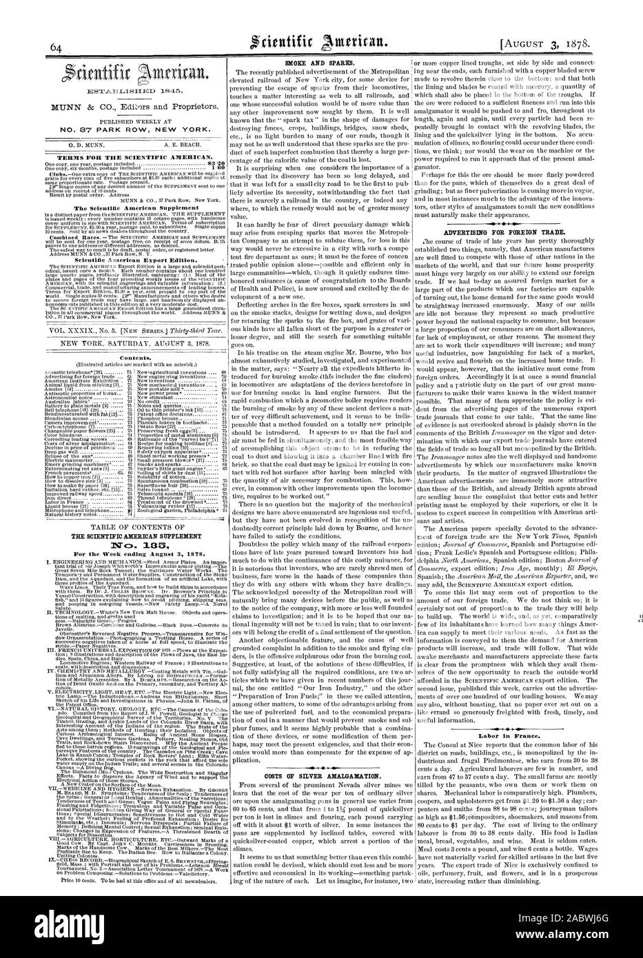 N° 37 PARK ROW NEW YORK. Termini per la Scientific American. Il Scientific American Supplement Scientific American edizione di esportazione. NEW YORK sabato 3 agosto 1878. Contenuto. Il Scientific American supplemento per la settimana che termina il 3 agosto 1878. Fumo e parti di ricambio. v costi di amalgama di argento. La pubblicità per il commercio estero. sisiooss manodopera in Francia., 1878-08-03 Foto Stock