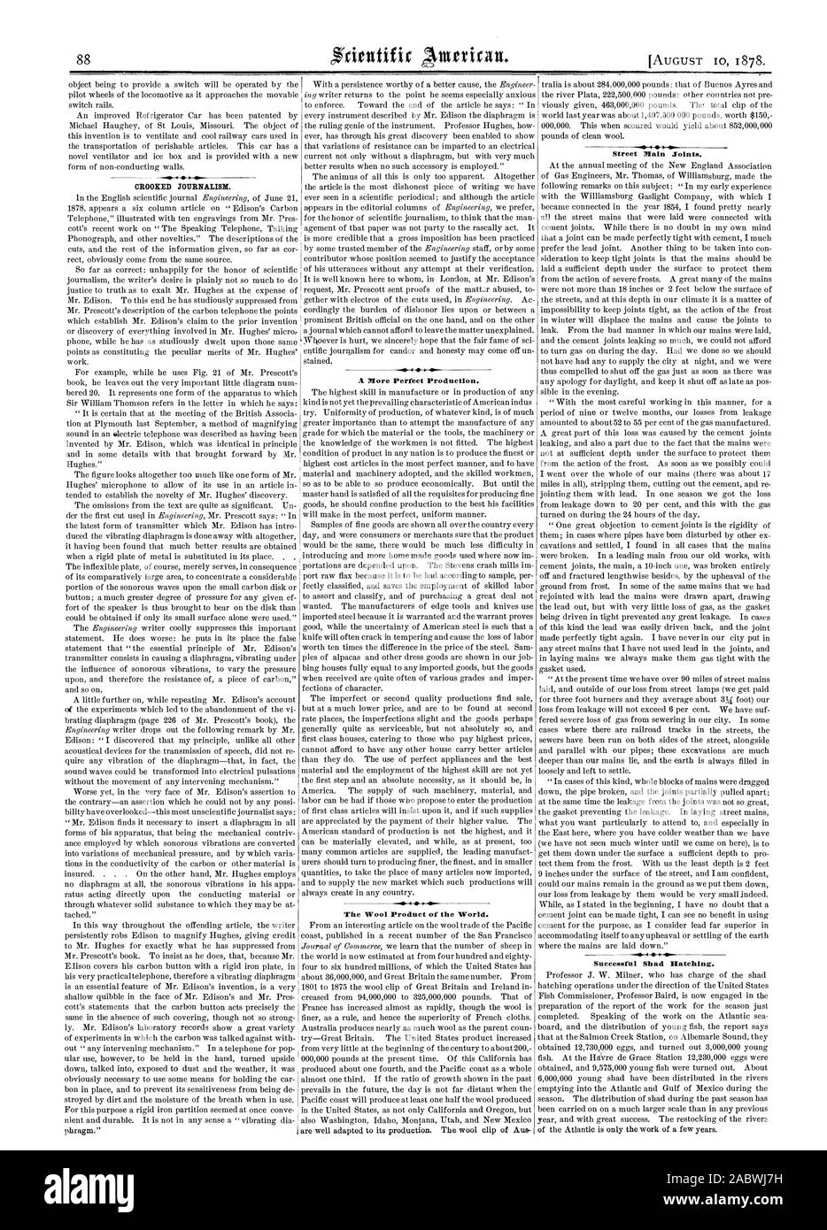 CROOKED giornalismo. Una più perfetta della produzione. Il prodotto di lana del mondo. Street principali giunture. 4 Il successo di cova Shad., Scientific American, 1878-08-10 Foto Stock