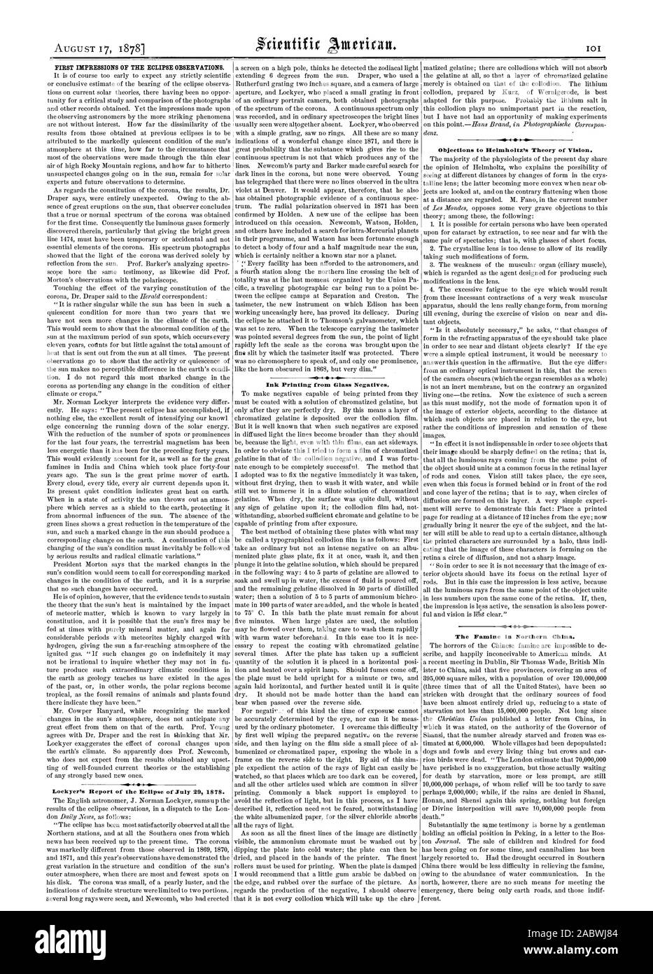 Le prime impressioni di osservazioni di Eclipse. Lockyer della relazione della eclissi del 29 luglio 1878. L'inchiostro di stampa da negativi di vetro obiezioni della Helmholtz teoria della visione. La carestia nel nord della Cina., Scientific American, 1878-08-17 Foto Stock