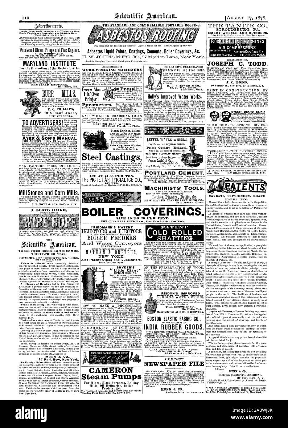 Amianto vernici liquide cementi rivestimenti Rivestimenti caldaia U. MARYLAND INSTITUTE A ADVERTISERlitioTofiel'arndeveF Mill pietre e mulini di mais. J. T. NOYE & FIGLIO Buffal N. Y. J. LLOYD HAIGH trenta-TERZO ANNO. 37 Park Row New York. BOSTON tessuto elastico CO. lANUFACTURERS DELL INDIA MERCI IN GOMMA. CHAS. MellURNEY & CO. Gli agenti 175 Devonshire San Boston 102 Camere San New York. PEBFECT FILE DI GIORNALE J. C. TODD AVVERTENZE Copyright marchi ecc. NUNN & CO. 37 Park Row N. Y. Erie City Iron Works tee! Colate di cemento Portland di macchinisti di strumenti". NEW HAVEN Manufacturing Co. New Haven, Connecticut. Prezzi notevolmente Foto Stock