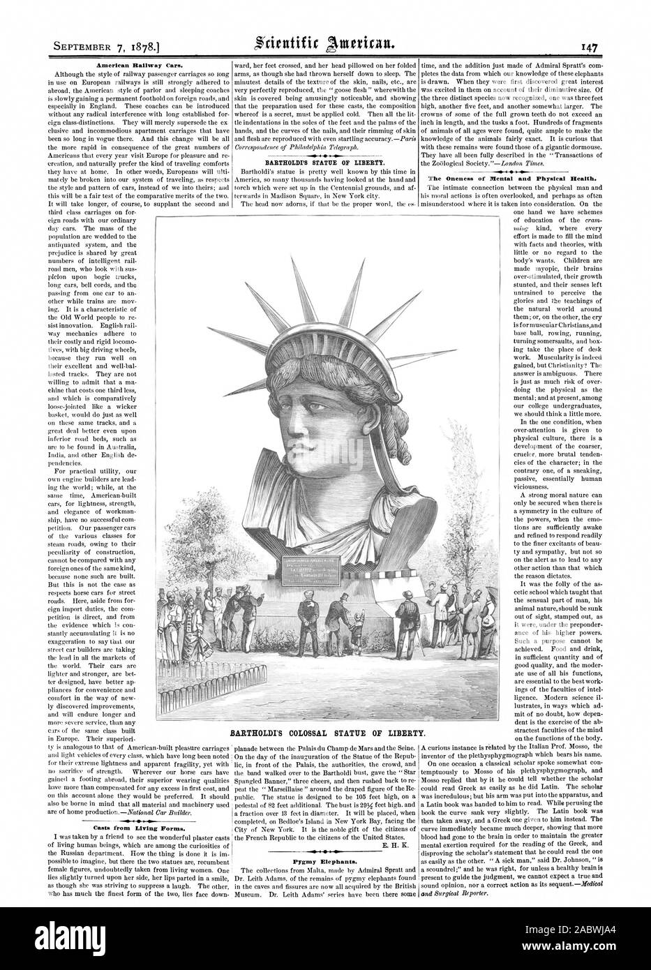 American di carrozze ferroviarie. Getta da forme viventi. BARTHOLDIT Statua della Libertà. Gli elefanti pigmei. La unicità di salute fisica e mentale. BARTHOLDI la statua colossale di libert Y., Scientific American, 1878-09-07 Foto Stock