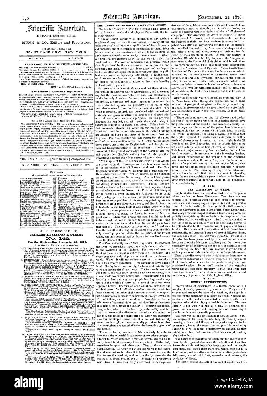 Settimana che termina il 21 settembre 1878. L'ORIGINE DI AMERICAN MECCANICA GENIUS. L'utilizzo di piante infestanti. La sperimentazione mentale. Contenuto., Scientific American, 1878-09-21 Foto Stock