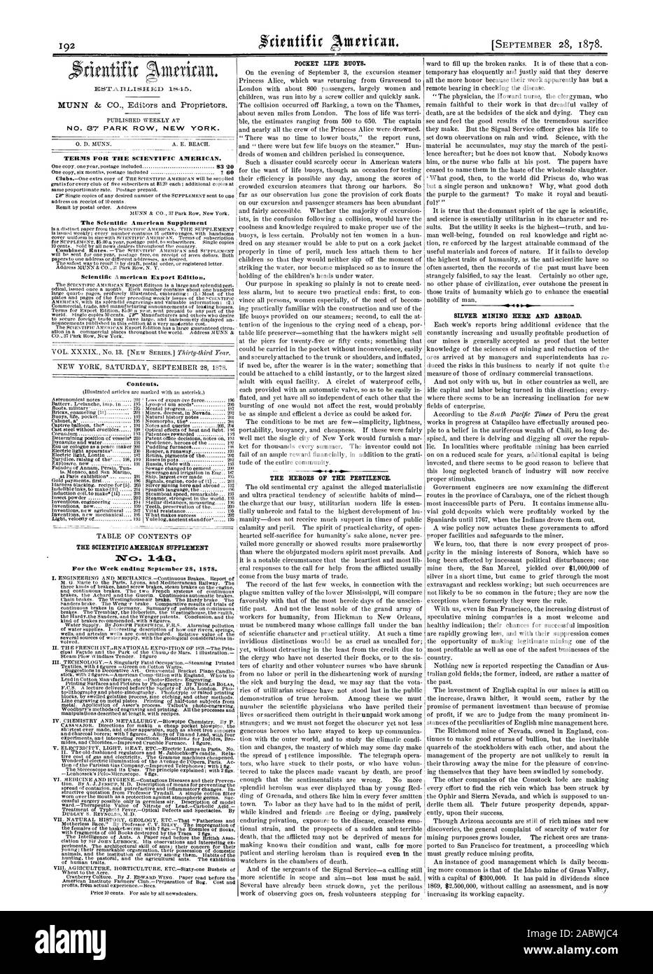 N° 37 PARK ROW NEW YORK. Termini per la Scientific American. Il Scientific American Supplement Scientific American edizione di esportazione contenuto. Il mondo in tasca boe. Gli eroi della pestilenza. Miniere di argento qui e all'estero. Il Scientific American SUPPLEMENT NC). 148, 1878-09-28 Foto Stock