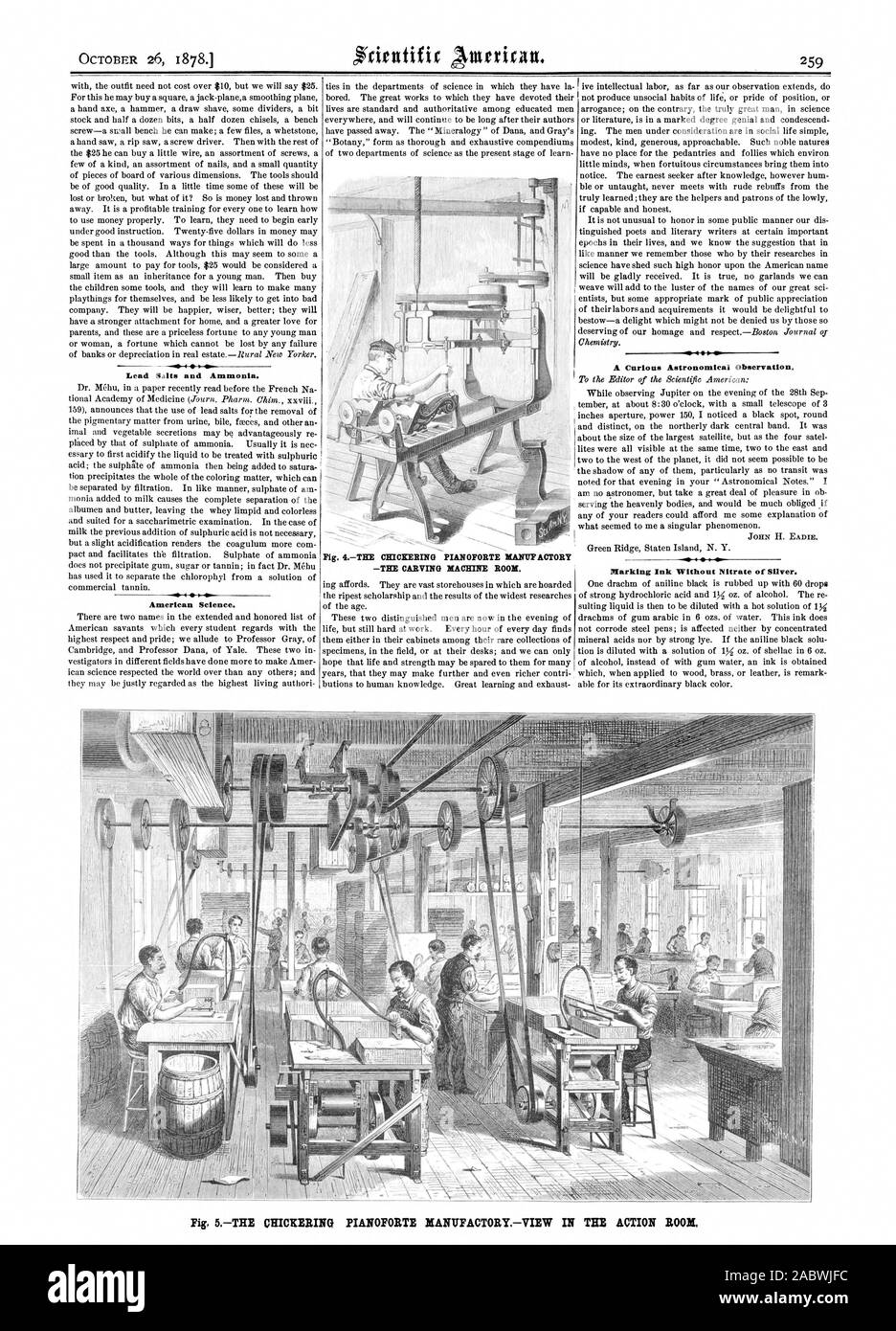 I sali di piombo e di ammoniaca. Scienza americana. Fig. 4IL PIANOFORTE CHICKERING MANUFACTORY - raccordo a T CARVING SALA MACCHINA. Una curiosa osservazione astronomica. ' Marcatura senza inchiostro nitrato di argento., Scientific American, 1878-10-26 Foto Stock