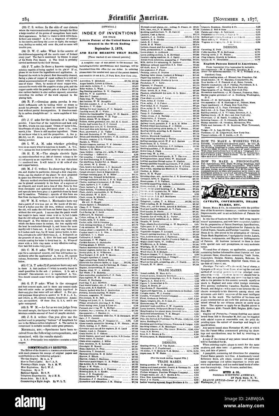 2 novembre 1873. Comunicazioni ricevute. Indice delle invenzioni lettere di Brevetto degli Stati Uniti sono stati concessi per la settimana che termina il 3 settembre 1878 e ciascun cuscinetto a tale data. Inglese i brevetti rilasciati per gli americani. Avvertenze copyright marchi ecc. WEE & CO., Scientific American, 1878-11-02 Foto Stock