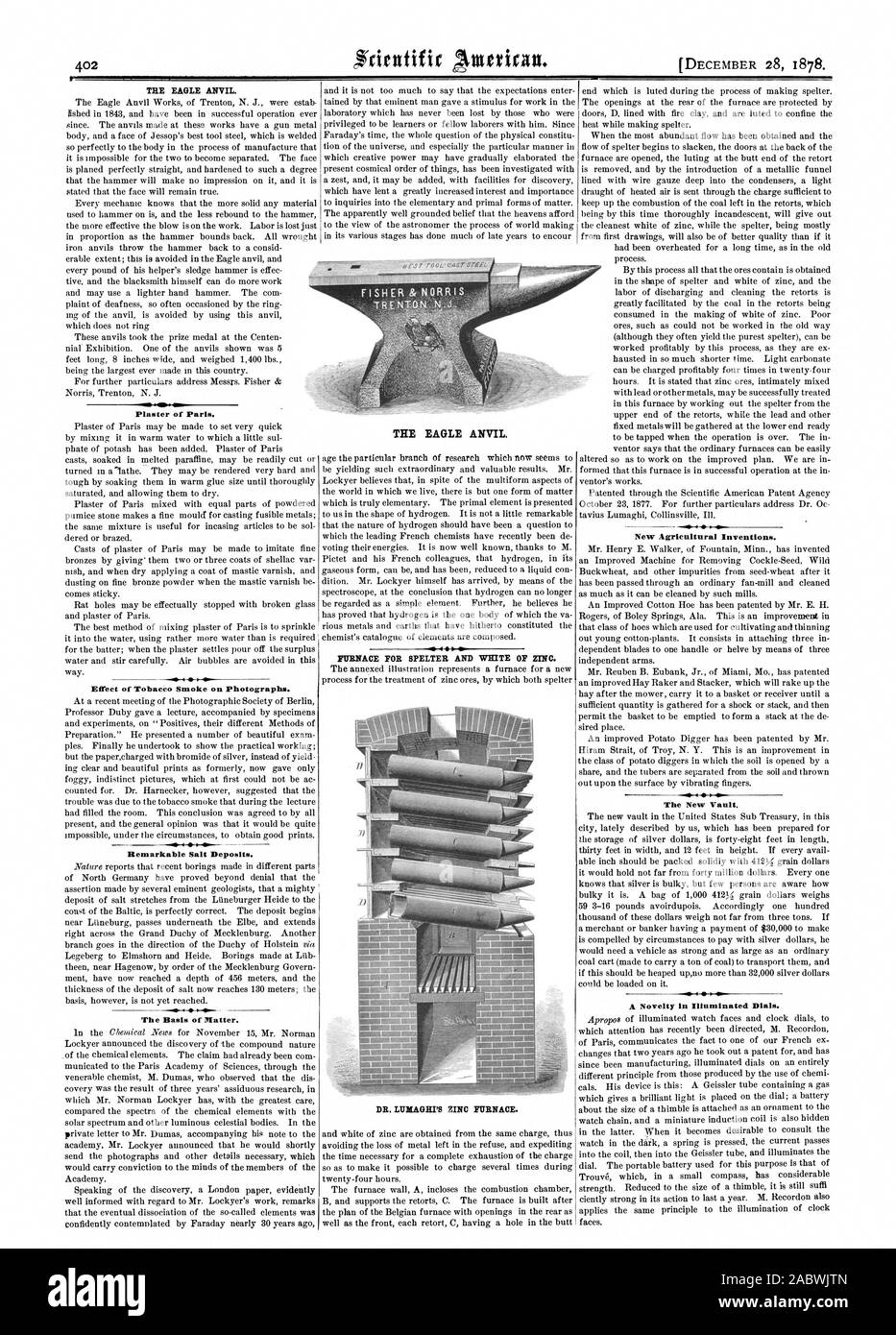 L'Aquila incudine. Gesso di Parigi. Per effetto del fumo di tabacco sulle fotografie. Notevole dei depositi di sale. La base di Ratter. Forno per SPELTER e scrivere di zinco. Il DR. LUBIAGEPS FORNO DI ZINCO. Nuove invenzioni agricoli. Il nuovo archivio una novità in quadranti illuminato. L'Aquila incudine., Scientific American, 1878-12-28 Foto Stock