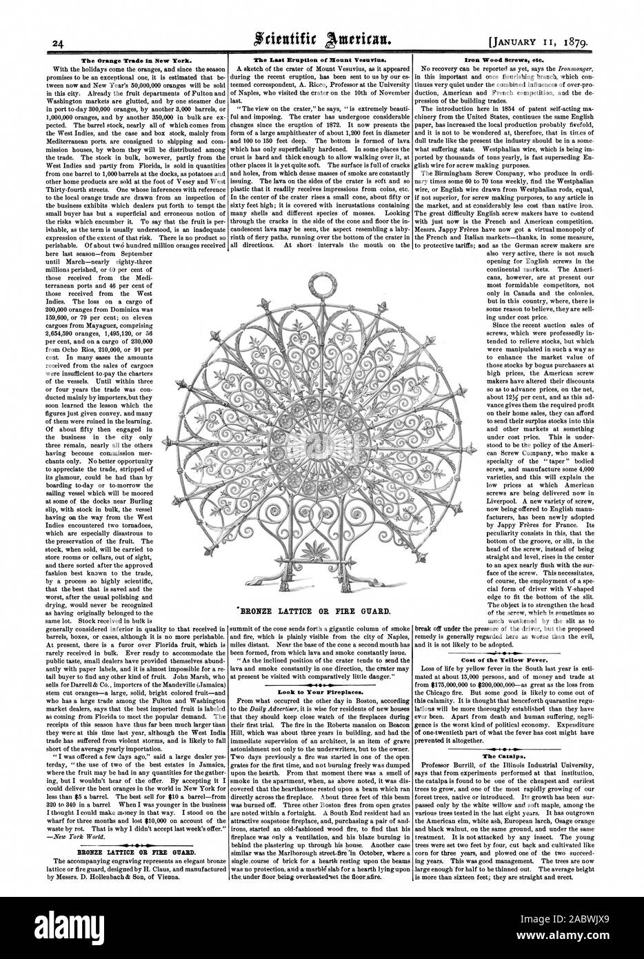 Il commercio di Orange in New York. Reticolo di bronzo o di guardia ME. L'ultima eruzione del Vesuvio. Guardando al Vostro caminetto. Ferro da stiro Viti per legno ecc. Costo della febbre gialla. La Catalpa. "Reticolo di bronzo o di protezione antincendio, Scientific American, 1879-01-11 Foto Stock