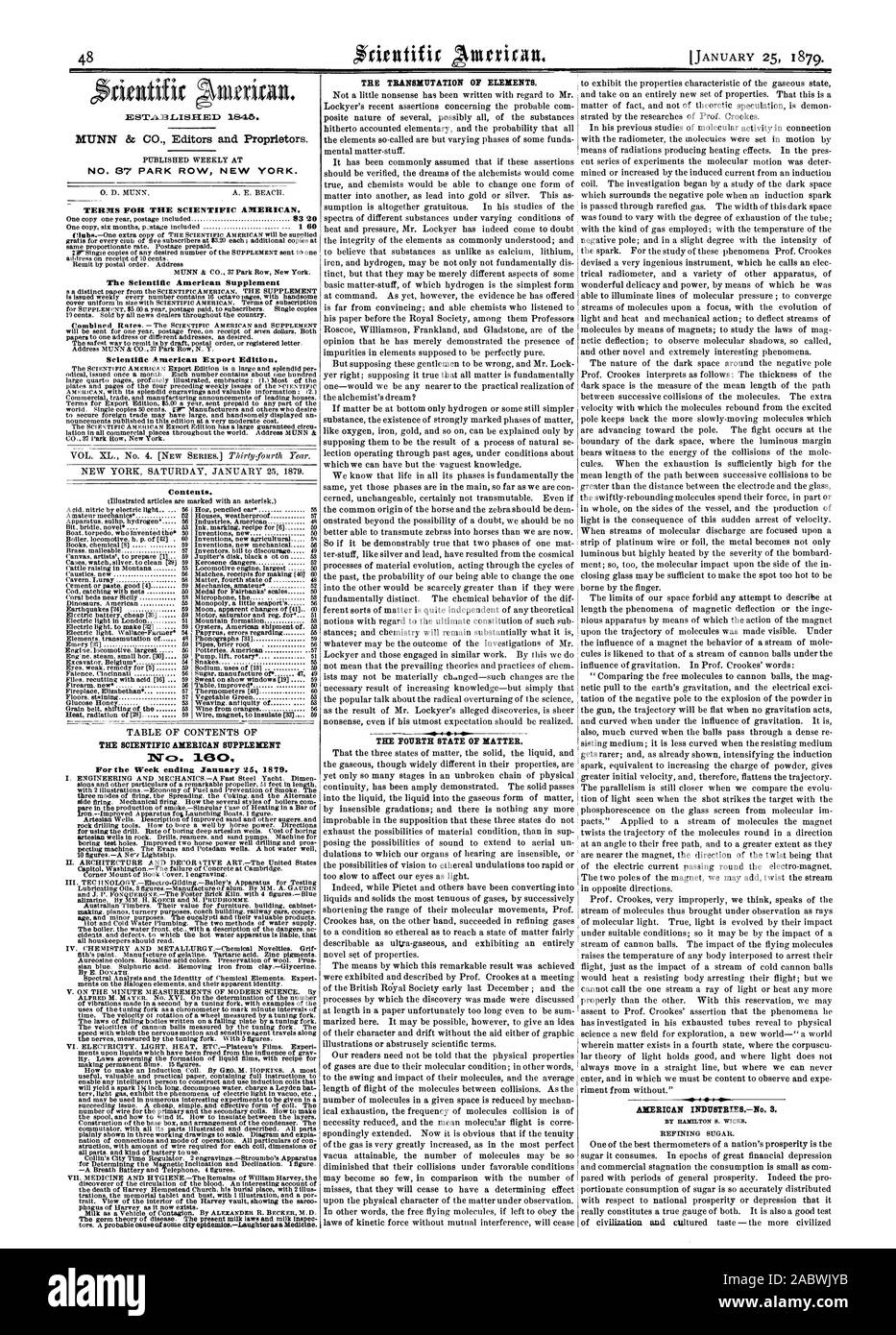 Settimana che termina il 25 gennaio 1879. La Trasmutazione degli elementi. Il quarto stato della materia. AMERICAN INDUSTRIESNo. 3. Contenuto., Scientific American, 1879-01-25 Foto Stock