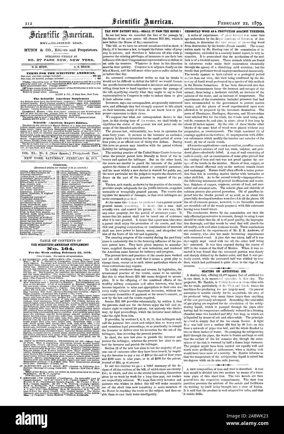N° 87 PARK ROW NEW YORK. Termini per la Scientific American. Il Scientific American Supplement Scientific American edizione di esportazione. Contenuto. Il legno trattato con creosoto come protezione contro TEREDOES. Pattinaggio su ghiaccio artificiale. 44S4P. Il Scientific American SUPPLEMENT NC). 16 4 per il fine settimana di febbraio 22 1879., 1879-02-22 Foto Stock